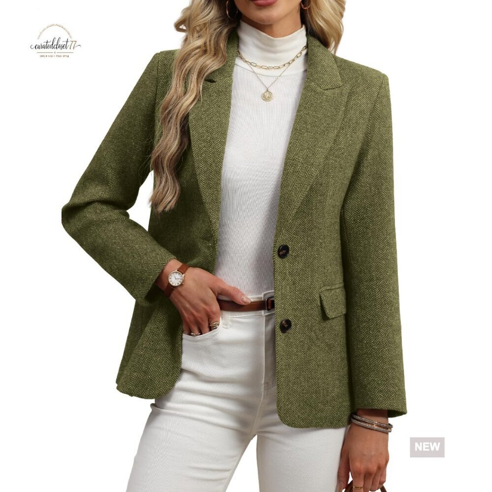 Wool Blend Tweed Blazer Oversized Fit Business Casual Herringbone